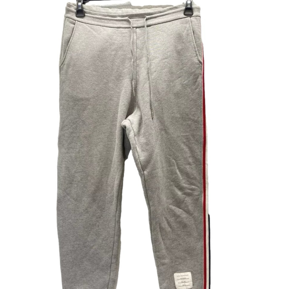 NEW  THOM BROWNE Mens Loopback Jersey 3 Stripe Sweatpants Size M Grey/Striped